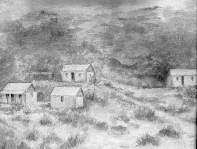 Buildings on Sackville Reserve c1890. Watercolour by Daphne Kingston.